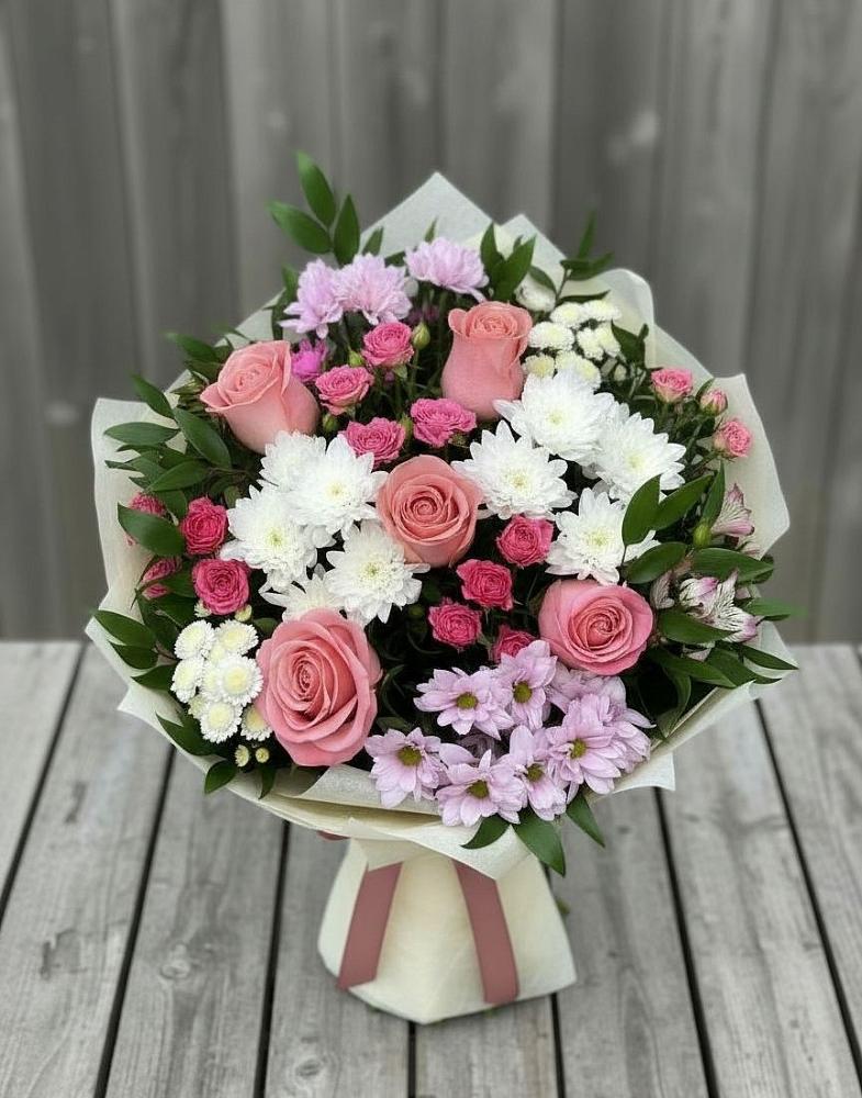 Букет цветов из: Альстромерии, Гвоздики, Розы и Хризантемы в Дмитриевке