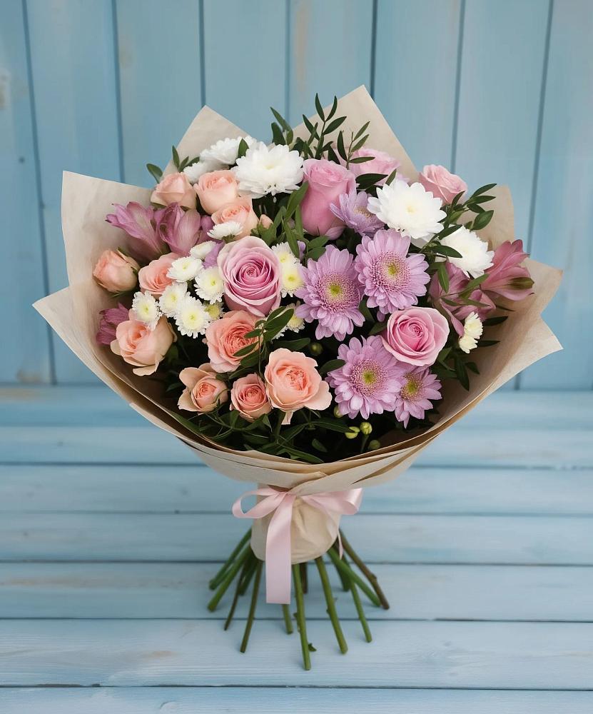 Букет цветов из: Хризантемы, Розы и Альстромерии в Дмитриевке