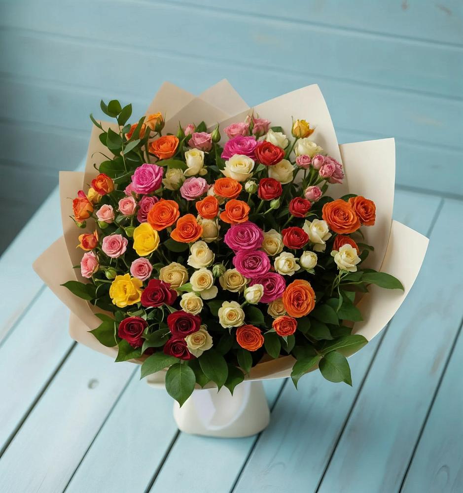 Букет Микс из разноцветных кустовых роз в Дмитриевке