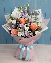 Букет цветов из:  Лизиантусы, Розы, Альстромерии и Гипсофила в Дмитриевке