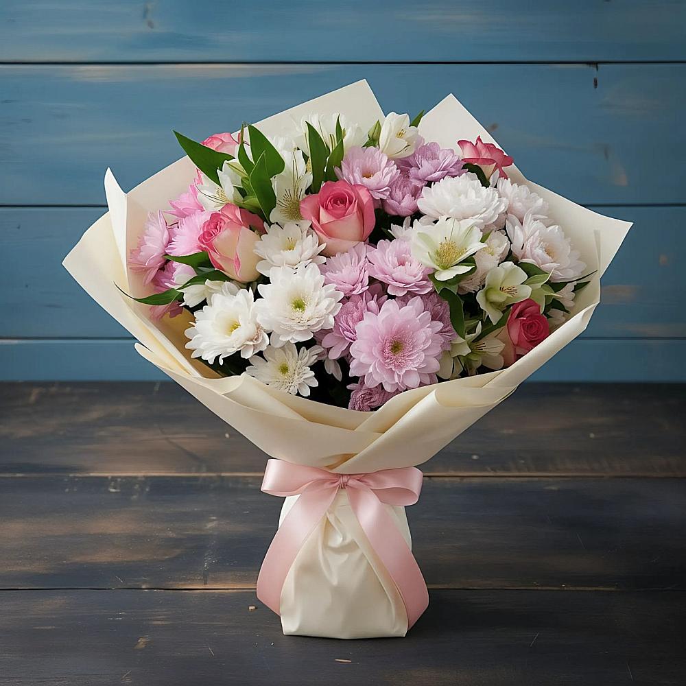 Букет цветов из: Хризантемы, Альстромерии и Розы в Дмитриевке